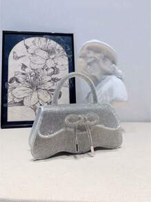 Shiny Rhinestone Solid Color Bow Evening Bag, Women's Rhinestone Handbag Metal Chain Crossbody Party Bag, Suitable For Party Dress, Y2K, Wedding, Holiday, Party, Dance, For Gift Giving - Silver - View 3
