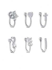 AVYRING 6pcs Silvery Zirconia Star Moon No Piercing Clip On Nose Ring Nose Cuff Fake Piercing Septum Nariz Body Jewelry
