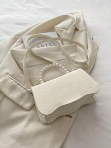 Fashionable Pearl Handbag & Shoulder Bag, Solid Color Design 2025 New Chic Fresh Butterfly Texture Small Square Bag - Beige - View 5