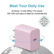 20W 墙式充电器适配器，快速充电 USB-C 电源适配器，配备 100 厘米（3.3 英尺）编织尼龙 USB-C 转 Type-C 充电线，兼容 17 Pro Max/17 Pro/17、16 Pro Max/16 Pro/16、15 Pro Max/15 Pro/15 等机型 - 粉色、紫色、蓝色 - 美規A型插(110-127V) - 查看 7
