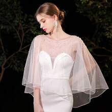 时尚蕾丝新娘婚纱披肩柔软派对夹克披肩仿珍珠斗篷连衣裙装饰透明宝石领女士连衣裙秋季女士服装 - 白色 - 查看 11