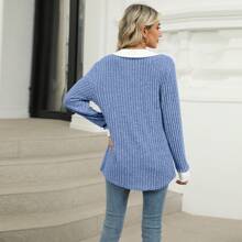 Womens Sweater Ribbed Knit Collared,Casual Lapel Neck Long Sleeve Tops,V Neck Color Block Collar Long Sleeve Loose Tops - 藍色 - 查看 6