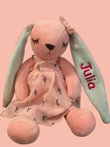 Customizable Rabbit Plush Doll With Embroidered Name Or Text On Ears, Soft Bunny Stuffed Animal Wearing Dress, Decorative Rabbit Plushie For Anniversary Birthday Baby Shower - Pink - View 4