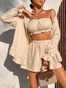 AIJ Amarilo Women's Summer Vacation Solid Color Textured Fabric Ruffle Hem Top, Bandeau And Shorts 3-Piece Set, Minimalist Everyday Wear - Apricot - View 1