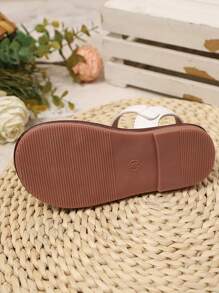 1 Pair Girls Striped PU Hook And Loop Strap Design Flat Cute Sandals, Suitable For Summer