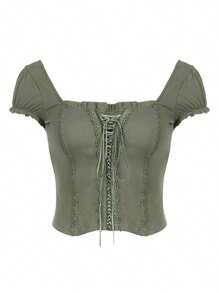 Women Y2K Short Sleeve Crop Tops Summer Retro Lace Trim Tie Front Slim Fit T-Shirt Fairy Grunge Streetwear