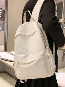 新款纯色尼龙休闲背包，适合学生、上学、旅行及男女通用，也适合户外短途旅行。轻便透气，耐磨防水。背包背面设有拉链口袋。时尚休闲，轻巧百搭，大容量男士背包，是女性、女孩和学生的必备学习用品，可完美搭配各种背包配件，是返校季必备的校园背包，也是大学必备单品。 - 白色 - 查看 4
