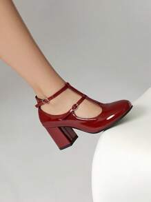 Chaussures femme style rétro babies, escarpins enrobé rouge style français, chaussures à bride et à talon bloc épais talon moyen polyvalentes