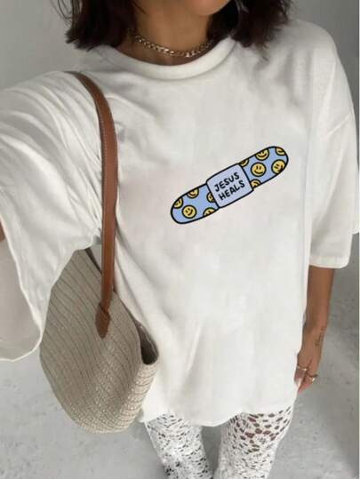 2025 New Summer Women Fashion Casual Healing Style Smile Face Print Short Sleeve T-Shirt Top