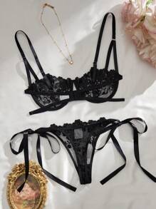 Valentine's Day Sexy And Beautiful Transparent Mesh Strap Design Flower Embroidered Bra Women's  Underwear Set - màu đen - Xem 2