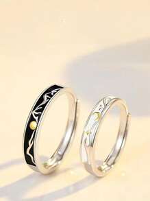 1pair Sun Moon Themed Couple Adjustable Ring With Opening Design - Silver - View 7