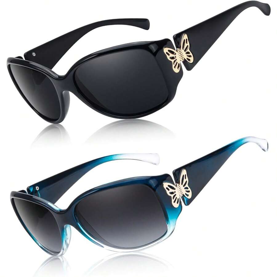 HYCHIC Polarized Sunglasses For Women 2026, Retro Shades With UV400 Protection Butterfly Decors (2 Pack) - A1 (2 gói) đen/xám + chuyển màu xanh lam/xám - Xem 1