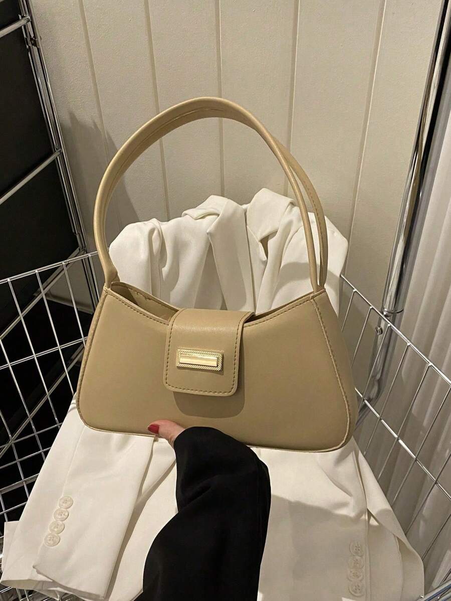 Metal Decor Bag Solid Color Fashionable Minimalist Shoulder Bag Simple Solid Color Underarm Bag Women's Buckle Handbag Purse Minimalist,Casual Portable,Lightweight For Girl,For Woman,For Women, Rookies & White-Collar Workers Gift Bag,Work ,Business,Commute,Outdoors, Travel, Outings,Shopping Bolsos Para Mujer Designer Handbags - 卡其色 - 查看 1