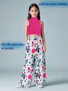 2pcs Set Tween Girl Fashion Fuchsia Mock Neck Sleeveless Crop Top And Ditsy Floral Long Pants Outfit, Spring & Summer 2025 - Hot Pink - View 2