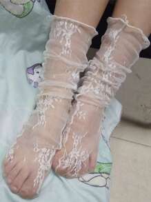 1 paar witte mesh kant frilly sokken voor dames schattige JK hoge sokken dunne zomer ademende retro zwarte visnetkousen