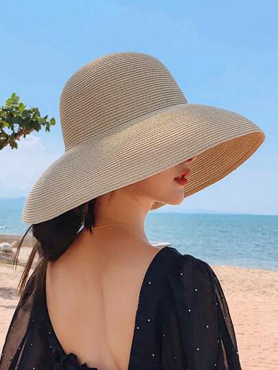 Retro French Style Black Viral Wide Brim Sun Hat, Women Summer Beach Hat UV Protection Elegant Casual Bohemian Vintage Chic Polyester Hat