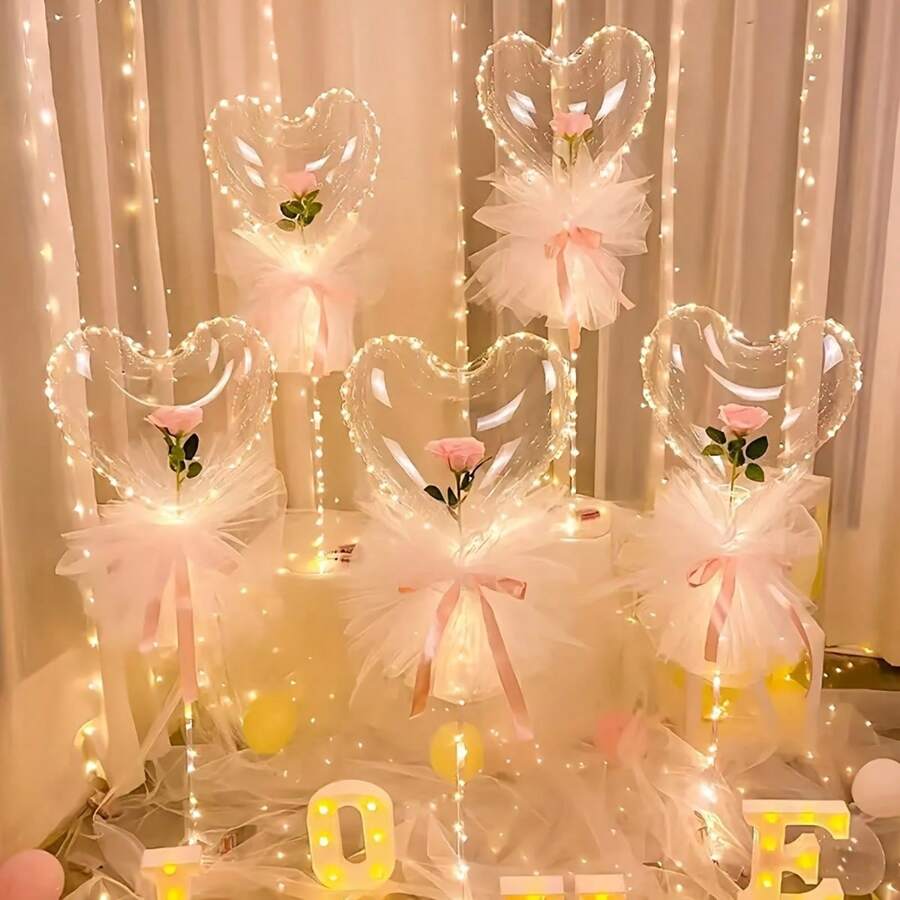 2pcs/Set 13" Transparent Heart-Shaped Bubble Balloons For Party Decoration (Lights Not Included)