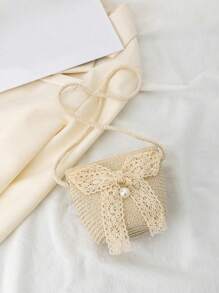 1 件儿童可爱珍珠纱布蝴蝶结草编包单肩包斜挎包 - 彩色 - 查看 12