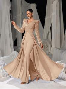 Faeriesty Stunning Long-Sleeve Evening Jumpsuit With Chiffon Overlay & Shimmering Sequin - Elegant Flowing Silhouette For Luxury Banquets, Red Carpet Galas, Weddings & Formal Evening Events