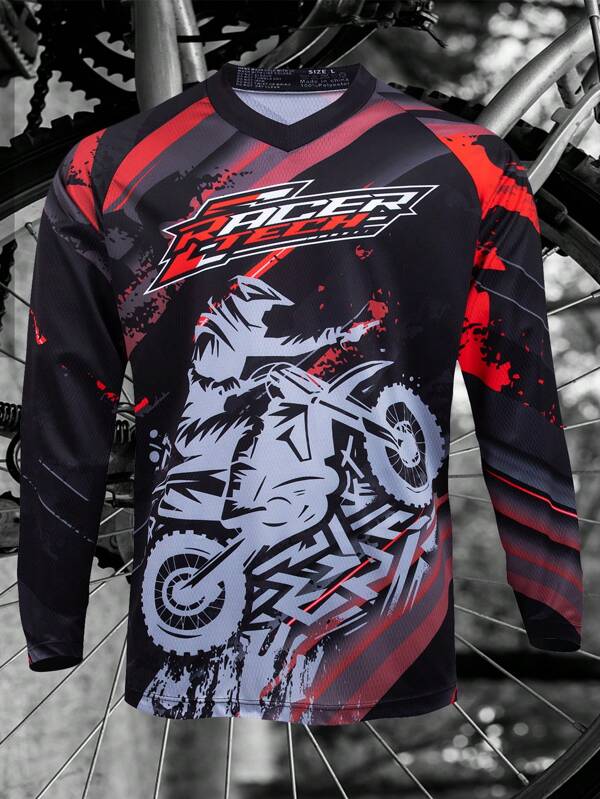 TELEYI Men'S Polyester MTB Jersey - Long Sleeve Crew Neck Knit Fabric Sports Shirt For Cycling, Running, Fishing, Golf - Universal Fit, Geometric Pattern, Medium Stretch, 150g/M² - All Seasons