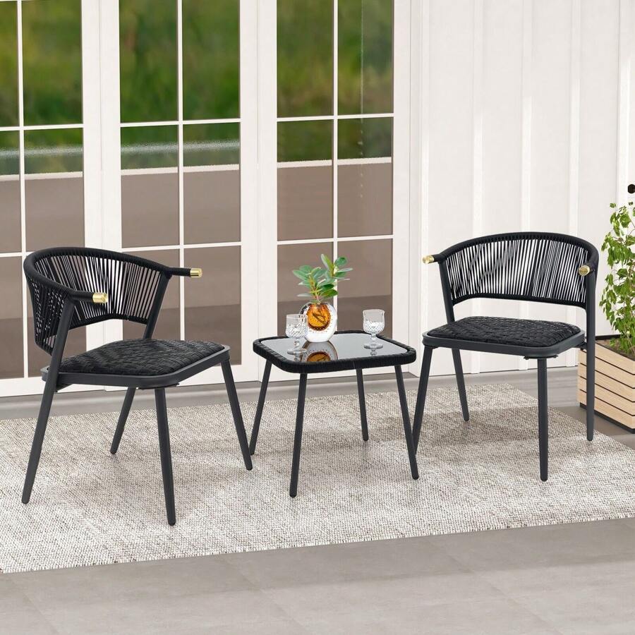 GOFLAME  3 Piece Outdoor Wicker Furniture Set Rattan Chairs Set Of 2 W/ Table - Black - View 1