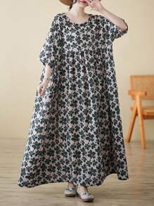 Top, Bohemian Casual Holiday Dress, Green Flower Beach Dress, Women's Elegant Everyday Dress, Summer 2025 New Short-Sleeved Crewneck Dress, Women's Plus-Size Holiday Dress, One Dress,