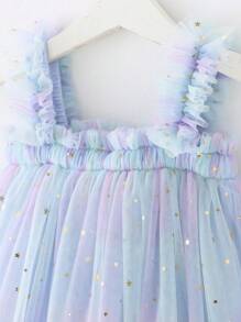 Vestido elegante y lindo para bebé niña sin mangas con tirantes, con aplicación de estrellas y lunas en degradado de color y malla, ropa de bebé para fiesta de cumpleaños, elegante, graduación, verano - Celeste - Ver 3
