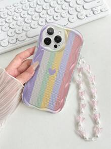 Funda para teléfono con textura, ondas, rayas con corazón brillante pintado, a prueba de golpes, con pulsera de mariposa hecha a mano con cuentas, compatible con iPhone XR/7/8, iPhone 16/16 Pro/16 Plus/16 Pro Max, iPhone 15 Pro Max, iPhone 13, iPhone 14, iPhone 11, Galaxy S24, Galaxy S24+