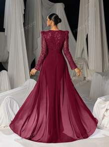 Faeriesty Stunning Long-Sleeve Evening Jumpsuit With Chiffon Overlay & Shimmering Sequin - Elegant Flowing Silhouette For Luxury Banquets, Red Carpet Galas, Weddings & Formal Evening Events