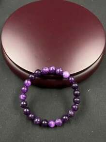 1Pc Elegant Amethyst Gemstone Elastic Bracelet For Men Women- Handcrafted Unisex Wristband Accessory Ideal For Gift & Daily Wear