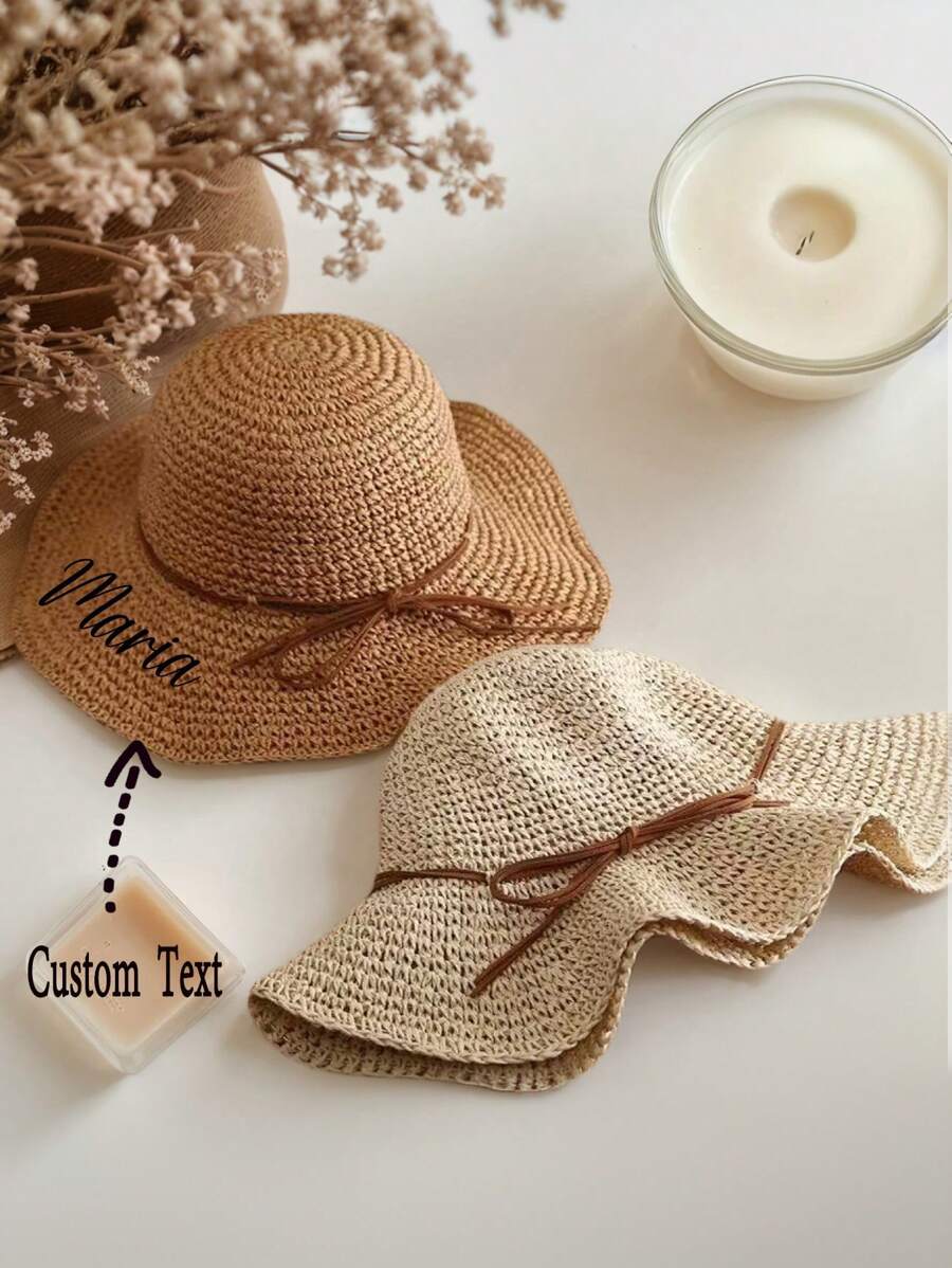 个性化刺绣草帽、单身派对帽、定制草帽、定制沙滩帽、草编手提包、刺绣帽子、定制草帽、个性化蜜月软边太阳帽、定制沙滩帽、印有名字的沙滩帽、未来夫人帽、沙滩草帽 - 彩色 - 查看 1