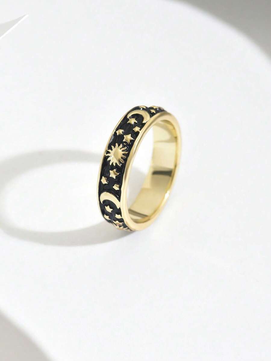 1 件 14K 镀层星月设计戒指，适合女性/男性日常佩戴、聚会和节日