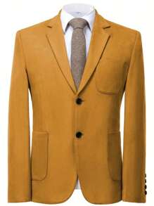 Mens Blazer Suede Jacket Casual 2 Buttons Sport Coat Faux Leather Suit Slim Fit Jacket With Lapel Collar Long Sleeves, Stylish For Business Or Leisure Occasions - 金色 - 查看 3