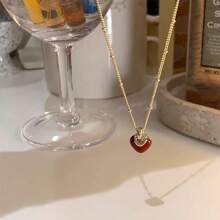 1 Set Enamel Cherry Burgundy Heart Necklace & Earrings, Simple French Elegant Clavicle Chain Jewelry Gift