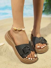 女士时尚拖鞋，休闲防滑沙滩夏季凉鞋，平底户外一脚蹬凉鞋，舒适软底皮革休闲拖鞋