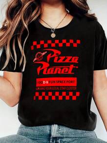 Cool Red Letter Print T-Shirt For Women, Women's 220g Casual Round Neck Heavy Pure Cotton T-Shirt (1 PC) - Black - View 1