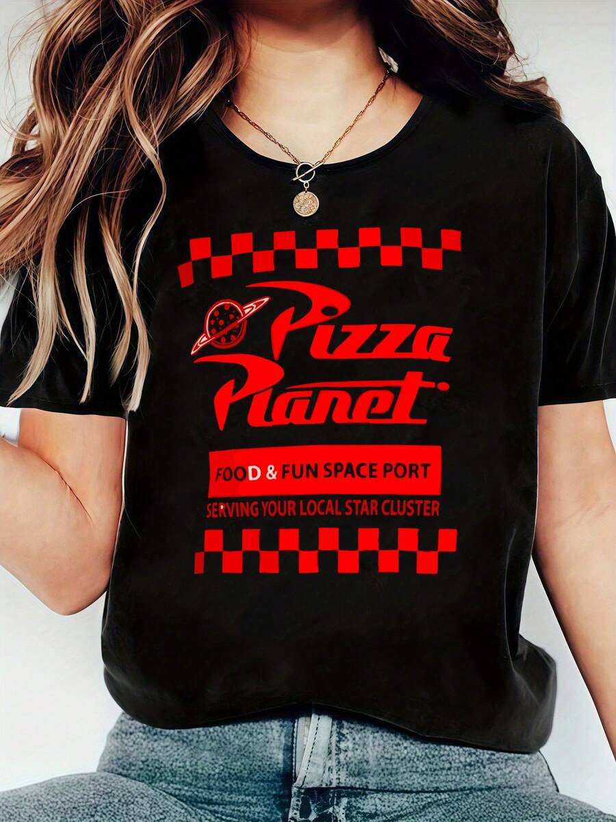 Cool Red Letter Print T-Shirt For Women, Women's 220g Casual Round Neck Heavy Pure Cotton T-Shirt (1 PC) - Black - View 1