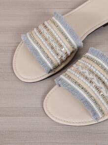 1 双加大码彩色面料拼接串珠波西米亚风格平底凉鞋，适合少女和女孩，圆头，防滑，舒适，适合室内/室外、日常穿着、度假、夏季 - 藍白色 - 查看 9