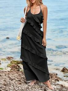 Eleganfit Women's Sexy Backless Sleeveless Chiffon Halter Ruffle Tassel Maxi Dress - 黑色 - 查看 3