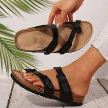 Women's Cork Footbed Sandal With Adjustable Buckle,Comfortable Summer Beach Sandals - 全黑 - 查看 3