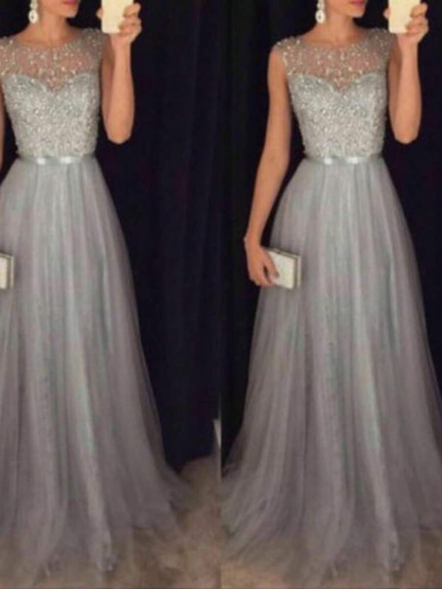 Women Plus Size Bridesmaid Dress Sleeveless Backless Squinied Formal Evening Party Long Dress Female Wedding Prom Gown Long Maix Dresses - Xám - Xem 1
