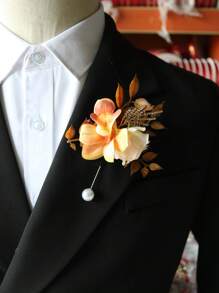 1pc Champagne Colored Groom Wedding Boutonniere, European Style Flower Brooch Decor For Wedding, Banquet, Business Meeting