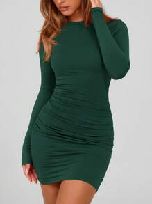 Women Fall Bodycon Dress Long Sleeve Crew Neck Slim Fit Mini Dress Autumn Party Club Cocktail Date Holiday Valentine Short Mini Dress Outfits - 深綠色 - 查看 5