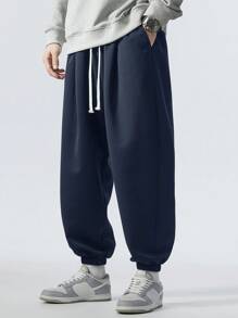 Plus Size Men's Loose Drawstring Waist Spring Sweatpants - Blue - View 2