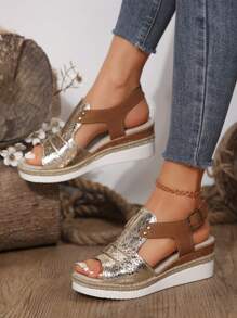 Plus Size Women Platform Wedge Casual Sandals Open Toe, Spring/Summer - Silver - View 2