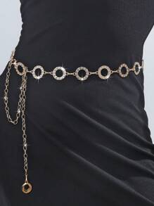 1pc Fashionable Minimalist Geometric Round Rhinestone Alloy Waist Chain, Dress Decor For Women - Gold - View 3