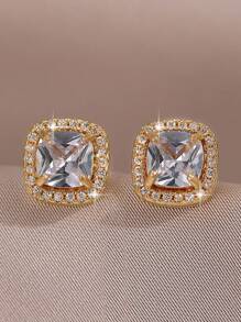 1 Pair Square Gold Zirconia Stud Earrings, Suitable For Women And Girls, Can Be Used As Wedding Or Date Gifts - Gold - View 5