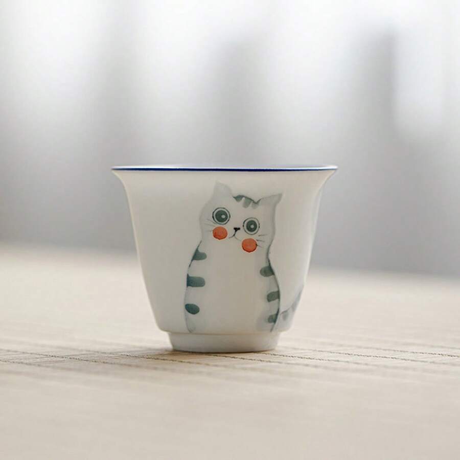 1 件淡蓝色手绘猫茶杯，优雅家居陶瓷茶杯
