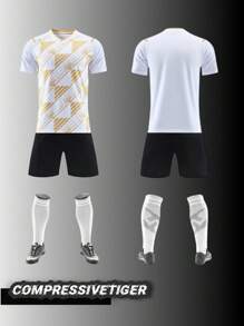 2pcs Boy's Personalized Soccer Jersey - Customizable Name And Number Print Stripe Decor Short Sleeve T-Shirt + Shorts Co-Ord Quick-Drying Sweat-Absorbing Sports Set As Gift - White - View 2