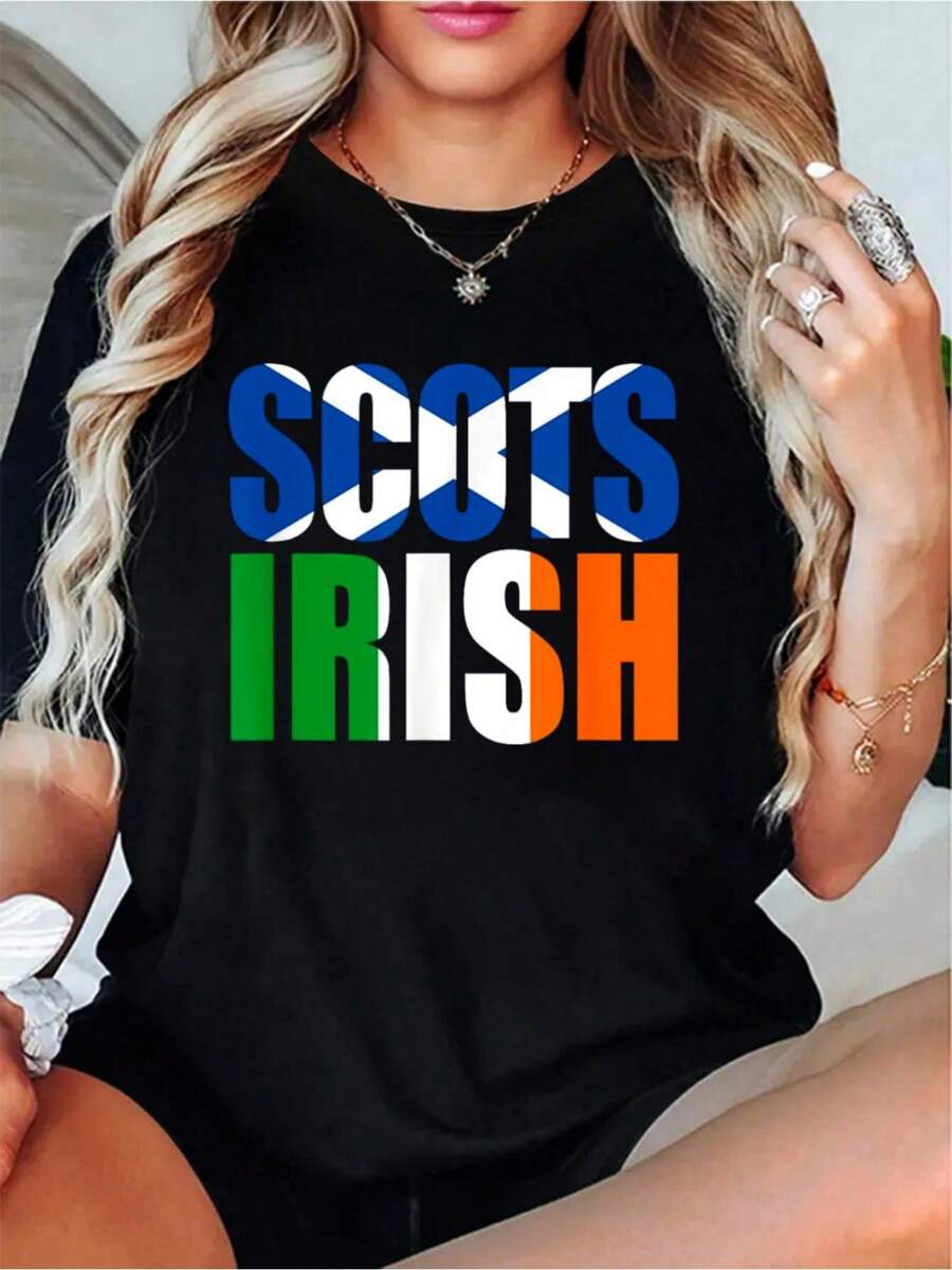 Scots Irish Flag Scotland Ireland Scottish Irish T-Shirt, Casual Crew Neck Short Sleeve Comfort Tee Top For Spring & Summer, Women's Clothing.Jpg - Black - View 1